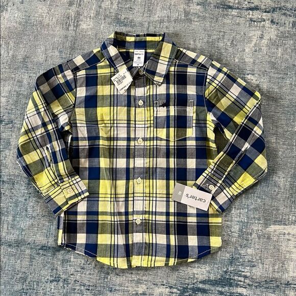 NWT! Carter's Blue Yellow Dinosaur Long Sleeve Button Down Shirt 4T - Picture 2 of 7